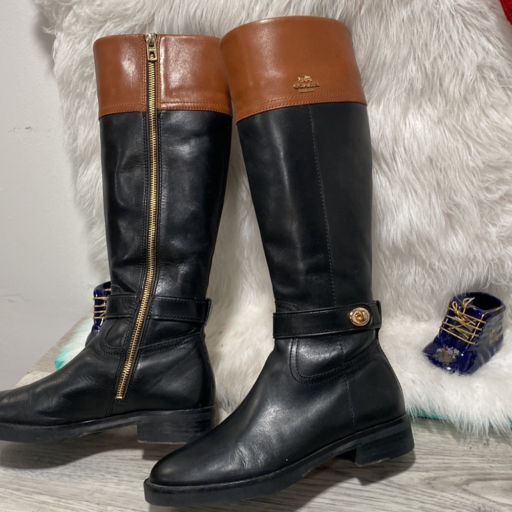 COACH EVA Black Brown Calf Leather Tall Boots 6.5 B Zip Classy 2-tone - Picture 3 of 13